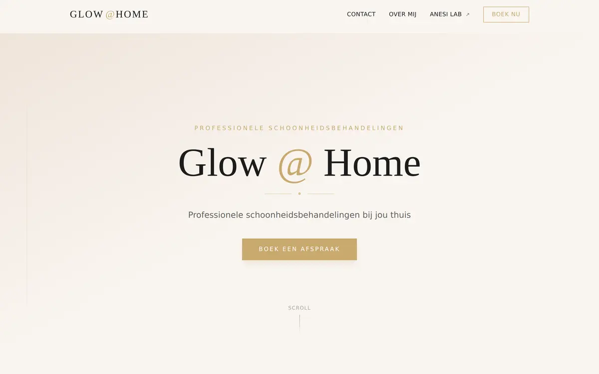 Glow at Home website screenshot: schoonheidsbehandelingen aan huis