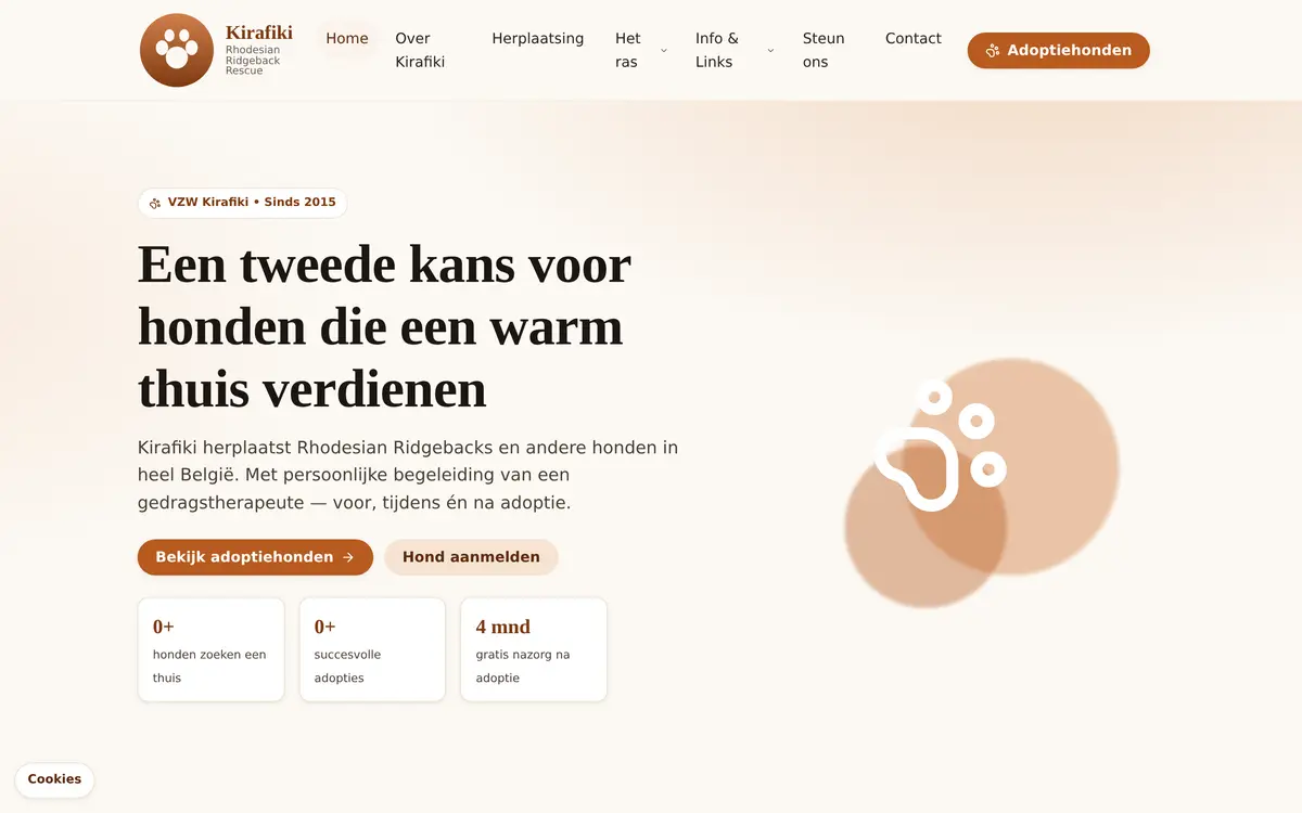 Kirafiki website screenshot: vzw voor Rhodesian Ridgeback Rescue