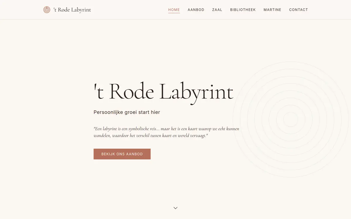 't Rode Labyrint website screenshot: persoonlijke groei en zaalverhuur