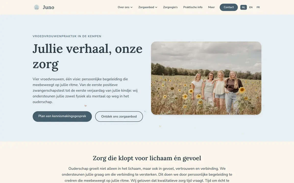 Vroedvrouw Juno praktijkwebsite screenshot: vroedvrouwenpraktijk in de Kempen