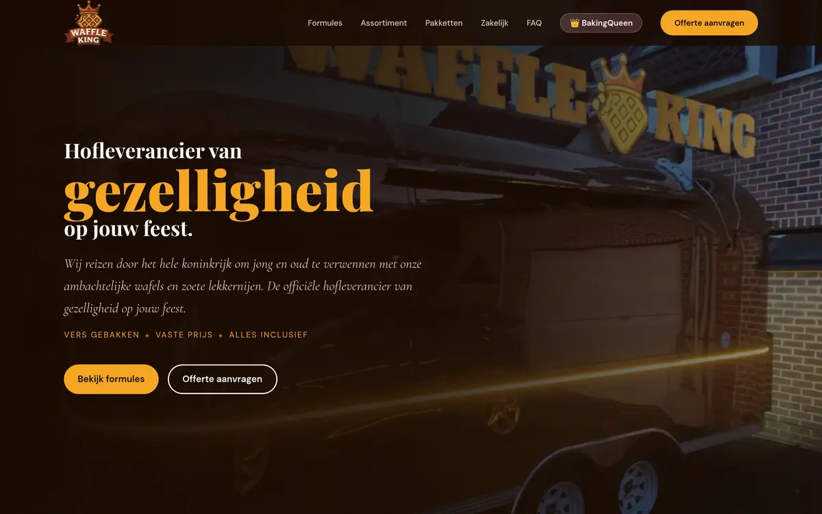 Waffle King foodtruck website screenshot: hoofleverancier van gezelligheid